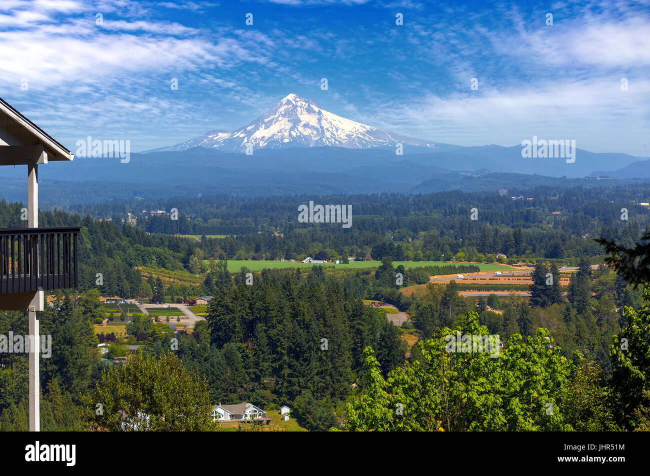 Mount Hood view from home backyard deck in Clackamas County Oregon Stock Photo