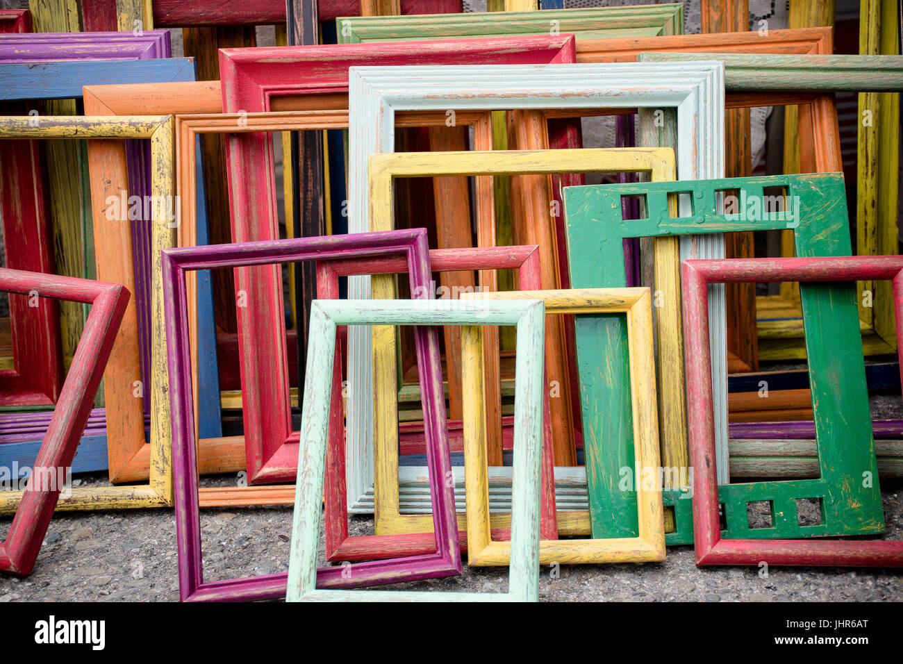 Vintage multicolored artist frames at a San Francisco Flea Market Stock Photo
