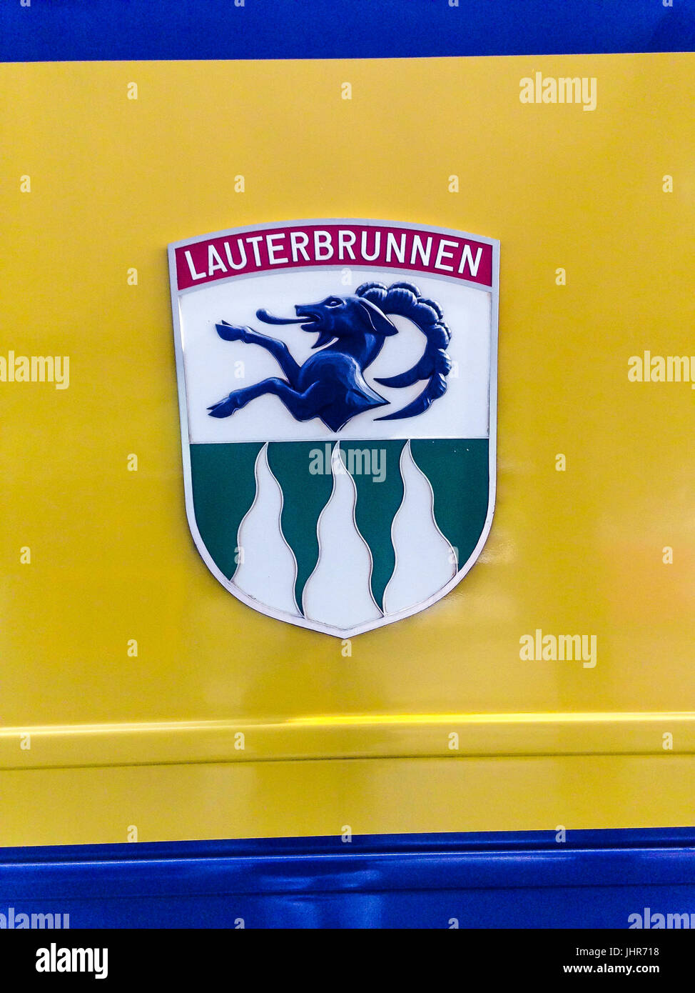 The blazon of the municipal Lauterbrunnen Coat of Arms. Stock Photo