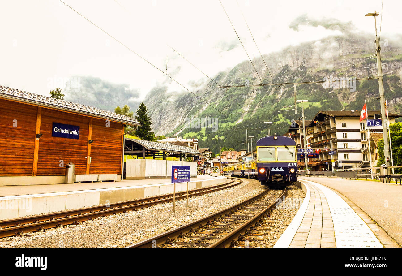 View of train from Grindelwald train station in swiss alpine Jungfrau