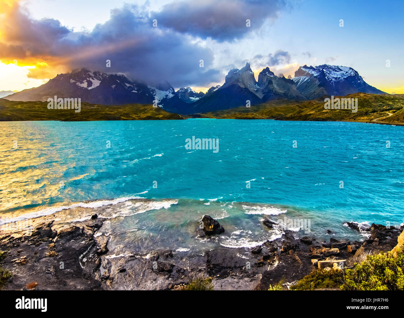 Torres del Paine over the Pehoe lake at sunset, Patagonia, Chile - Southern Patagonian Ice Field, Magellanes Region of South America Stock Photo