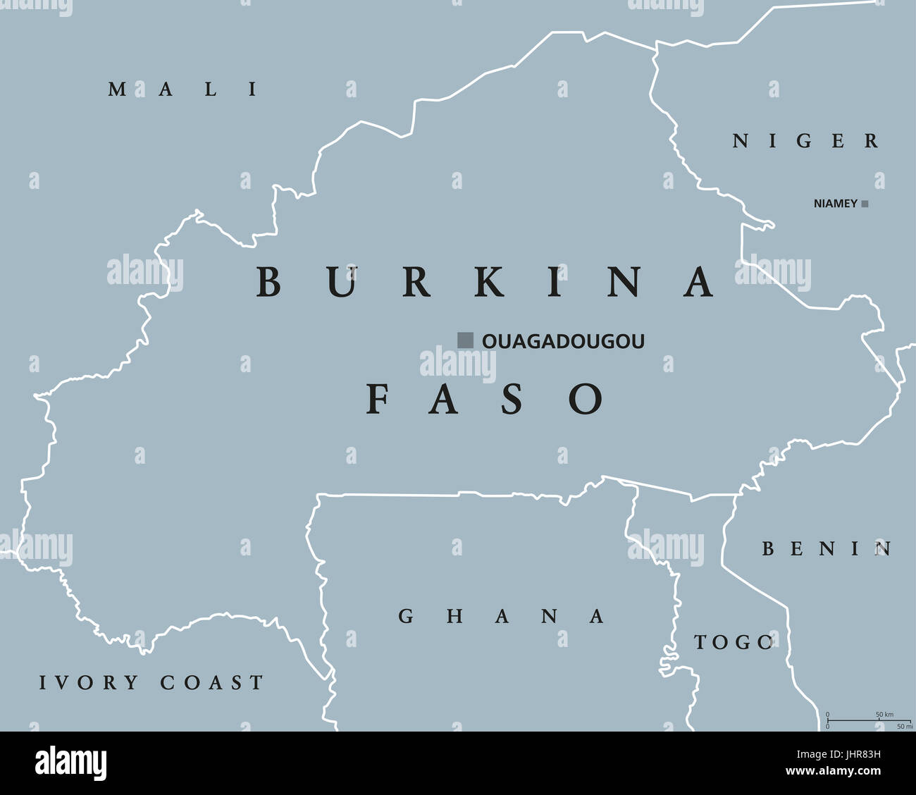 Burkina Faso political map with capital Ouagadougou. Landlocked country in West Africa, formerly the Republic of Upper Volta. Gray illustration. Stock Photo