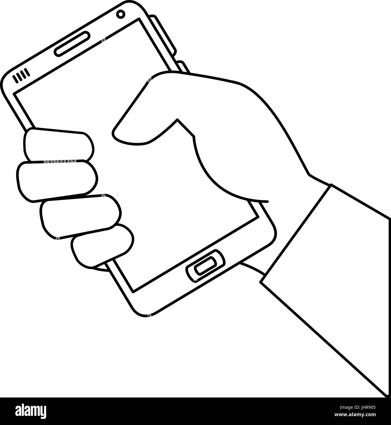 hand holding a smartphone device icon over white background vector ...