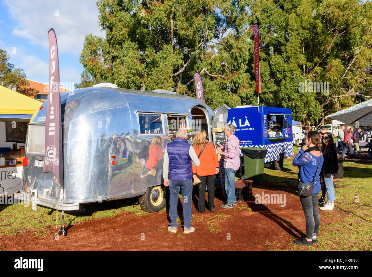 Margaret River Farmers Market coffee van with people waiting for their coffee, Margaret River Town, Western Australia Stock Photo