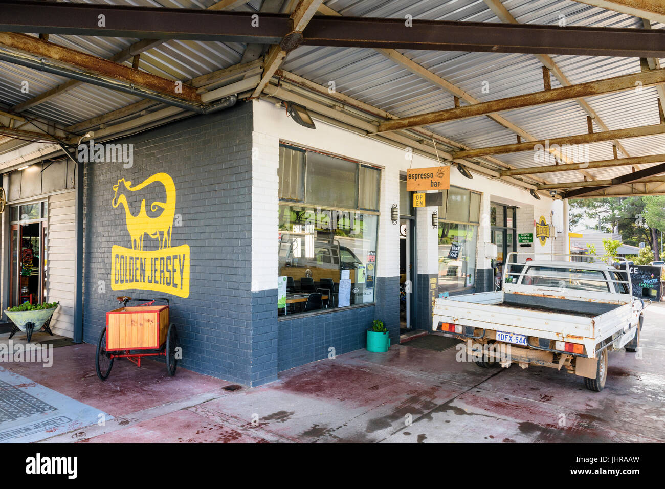 Golden Jersey garage petrol station coffee shop and general store in the country town of Cowaramup, Western Australia Stock Photo
