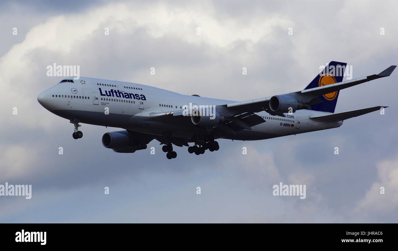 FRANKFURT, GERMANY - FEB 28th, 2015: The Lufthansa Boeing 747 - MSN 26427 - D-ABVN, named Dortmund landing at Frankfurt International Airport FRA. The famous and powerfull aircraft nicknamed as Jumbo has first flight in 1969. The type largest operators are British Airways, Lufthansa, Korean Air and China Airlines Stock Photo