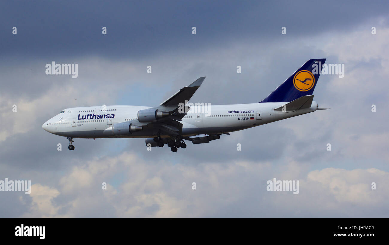 FRANKFURT, GERMANY - FEB 28th, 2015: The Lufthansa Boeing 747 - MSN 26427 - D-ABVN, named Dortmund landing at Frankfurt International Airport FRA. The famous and powerfull aircraft nicknamed as Jumbo has first flight in 1969. The type largest operators are British Airways, Lufthansa, Korean Air and China Airlines Stock Photo