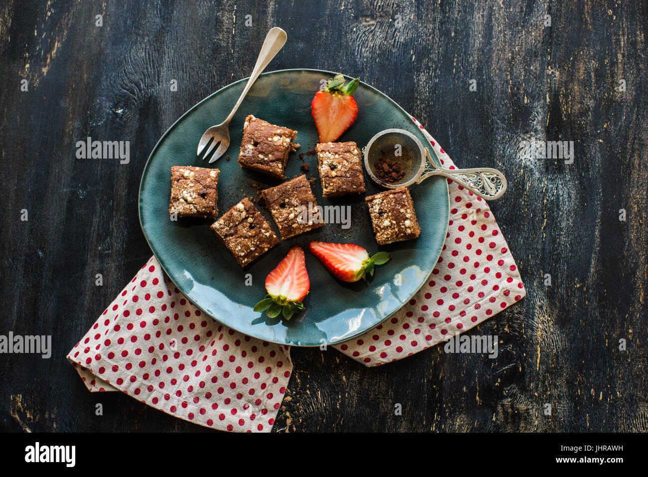 Chocolate german kuchen cake with strawberries Stock Photo
