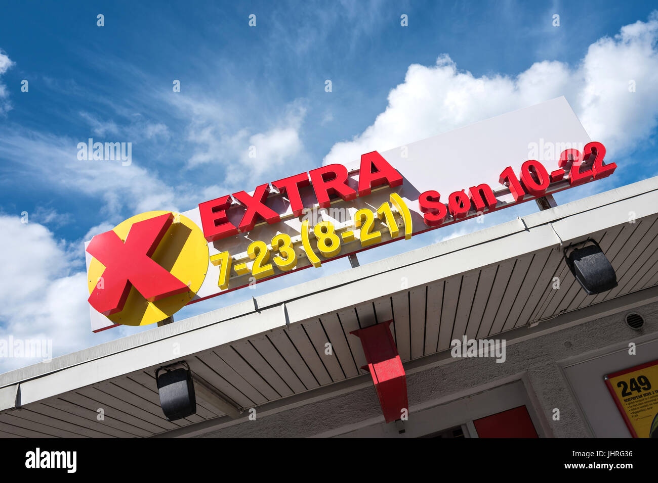 Extra store. Extra is a Norwegian discount supermarket chain of around 340 stores. It is part of the Coop Norge cooperative. Stock Photo