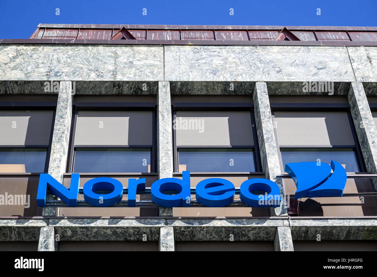 Nordea sign at branch. Nordea Bank AB is a Nordic financial services group operating in Northern Europe. Stock Photo