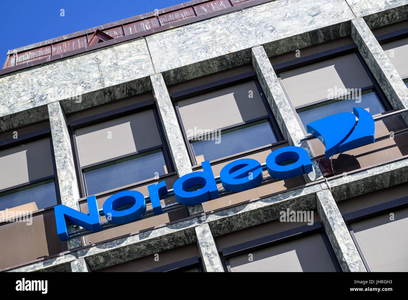 Nordea sign at branch. Nordea Bank AB is a Nordic financial services group operating in Northern Europe. Stock Photo