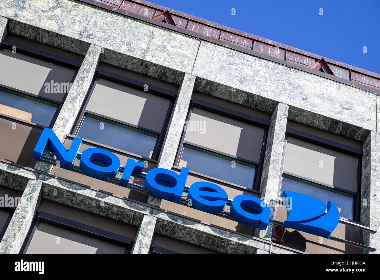 Nordea sign at branch. Nordea Bank AB is a Nordic financial services group operating in Northern Europe. Stock Photo