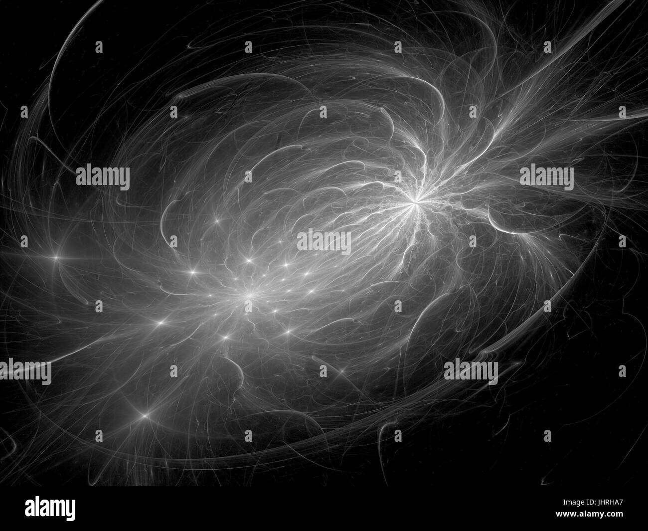 Two energy sources in space with rays, computer generated abstract background, 3D rendering, black and white Stock Photo