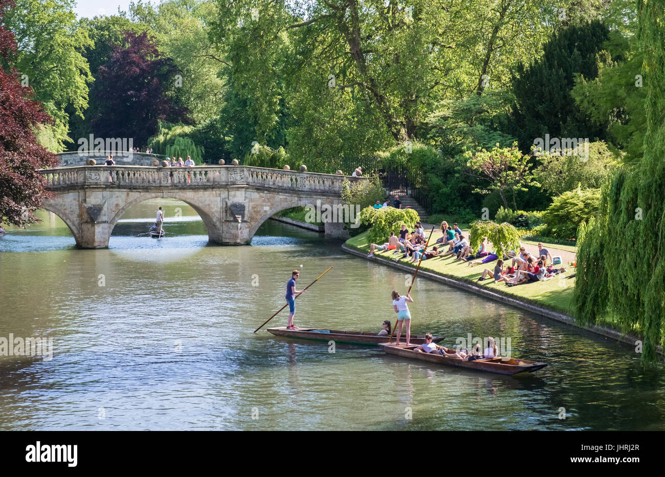 Punting on the River Cam on a sunny summer day, Cambridge, Cambridgeshire, England UK Stock Photo