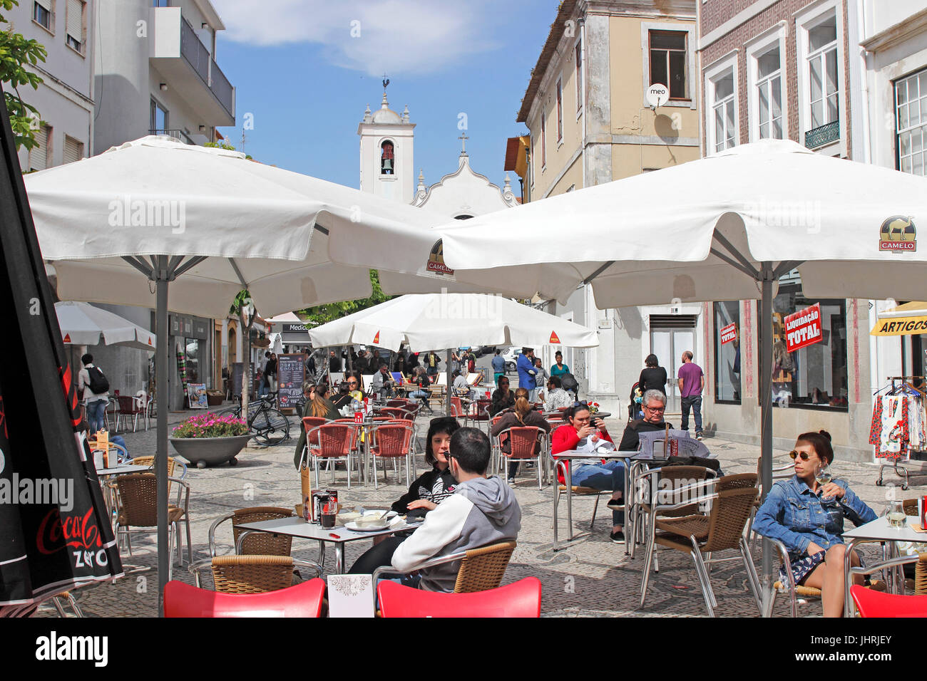 Small cafes and restaurants Praca 14 July Aveiro Portugal Stock Photo