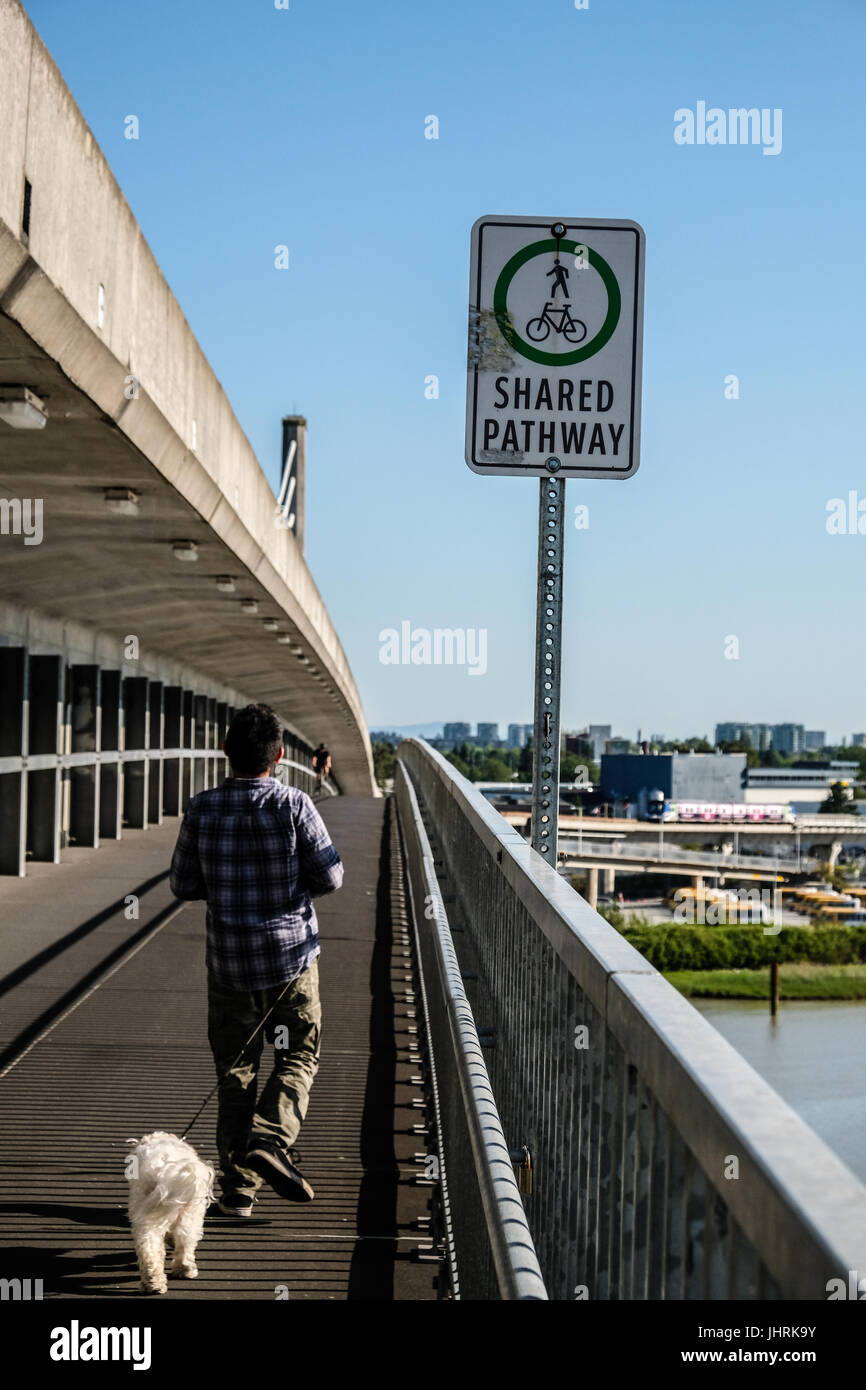 A Shared Pathway sign and a boy with his dog walking on North Arm