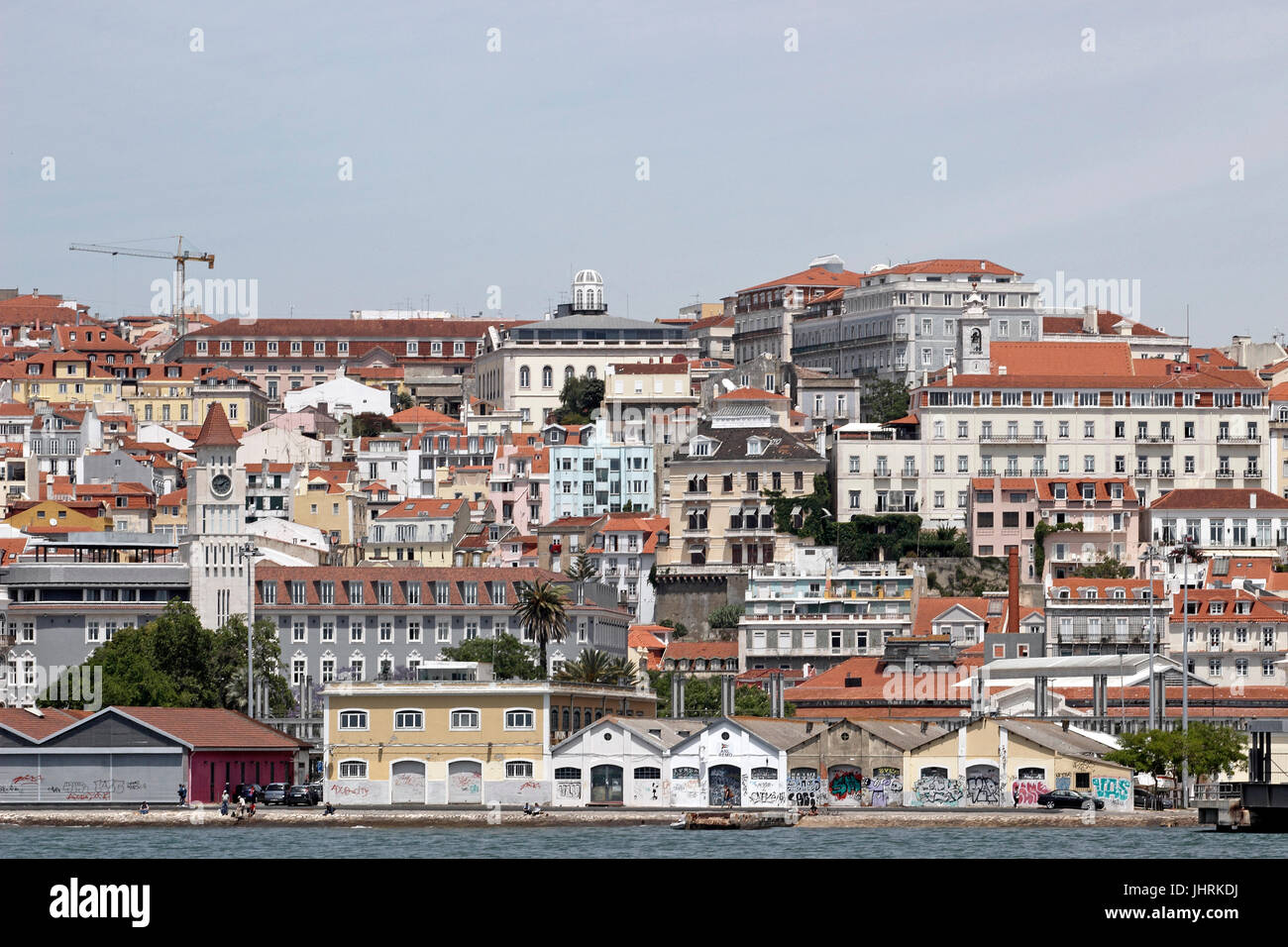 Ferry Terminal Port of Lisbon on the Tagus River with city neighborhood Lisbon Portugal Stock Photo