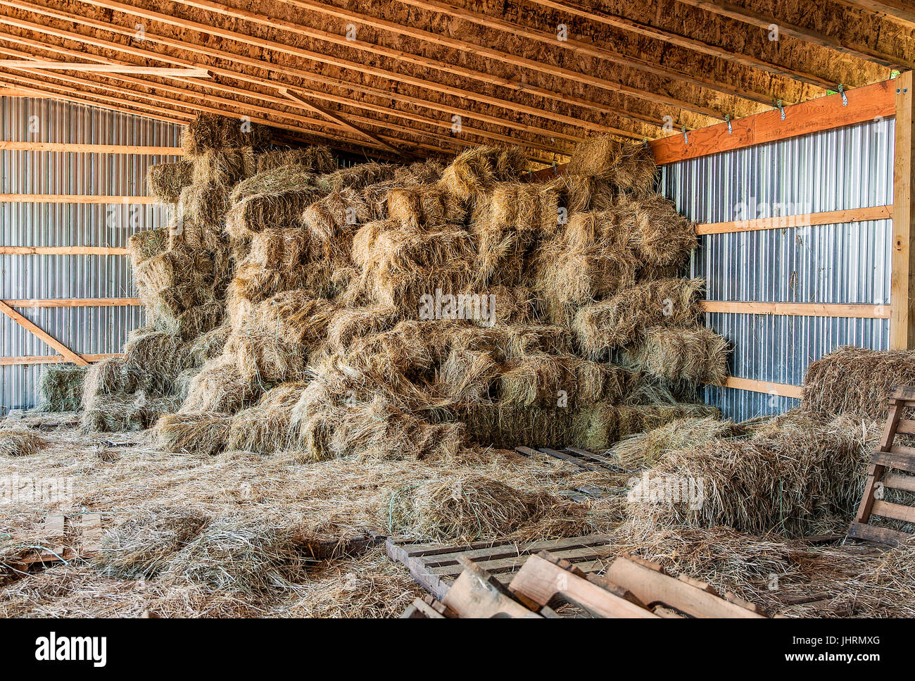 Hay bales stacked to top of open air storage unit Stock Photo