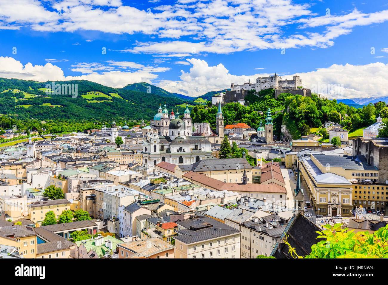 Salzburg, Austria. Old town with Festung Hohensalzburg fortress and Salzburger Dom. Stock Photo