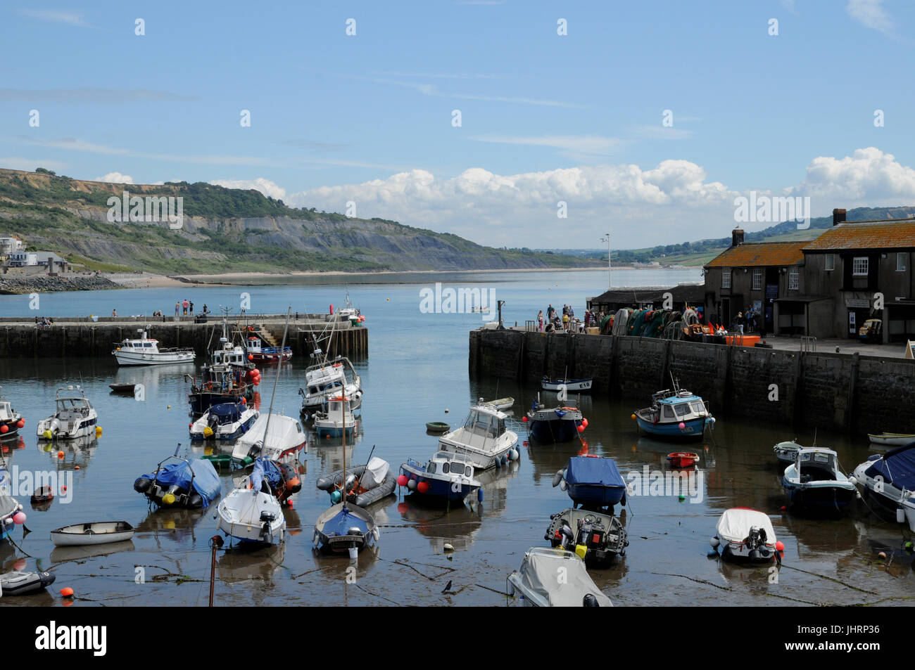 Pleasure boats mingle with fishing boats in the West Dorset town of Lyme Regis. The etrance to the harbour, past of the famous Cobb, is very narrow. Stock Photo