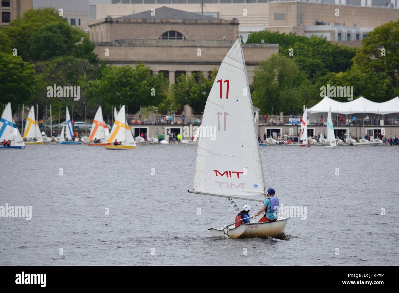 A sail boat on the Charles River in Boston Massachusetts Stock Photo