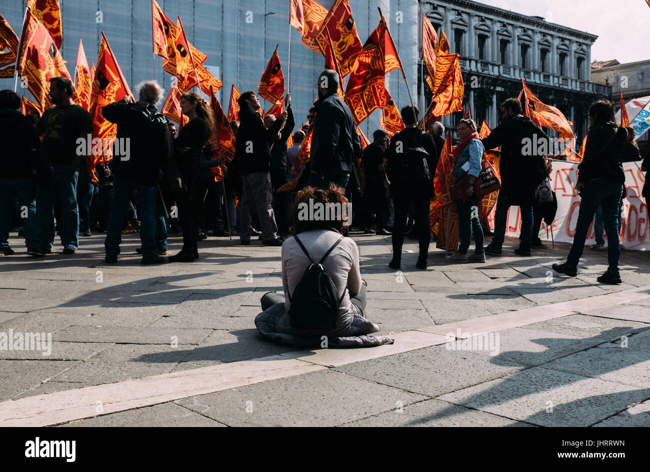 A peaceful protest captured at San Marco square in Venice, Italy. Stock Photo