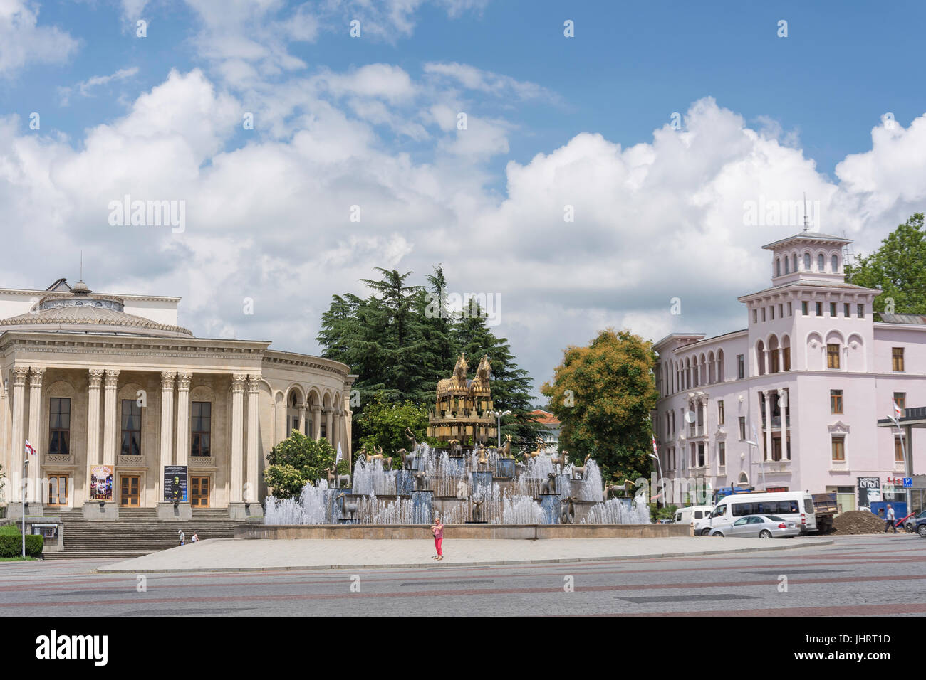 The Colchis Fountain and Lado Meskhishvili Theater in Central Square, Kutaisi, Imereti Province (Mkhare), Georgia Stock Photo