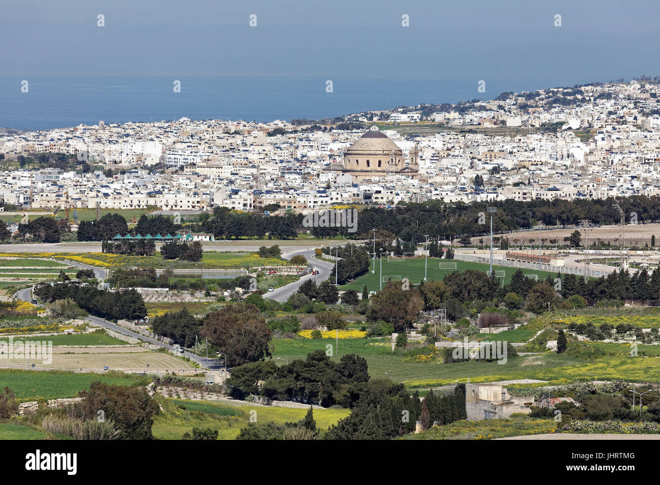 View of the town with Rotunda of Mosta, monumental dome church, Mosta, Malta Stock Photo