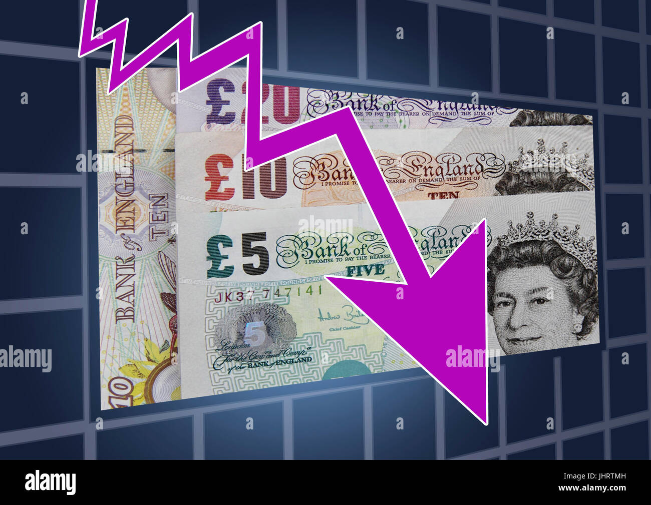 British pound notes with zig-zag arrow, symbolic image of exchange rate drop, Brexit, downward trend of British economy Stock Photo