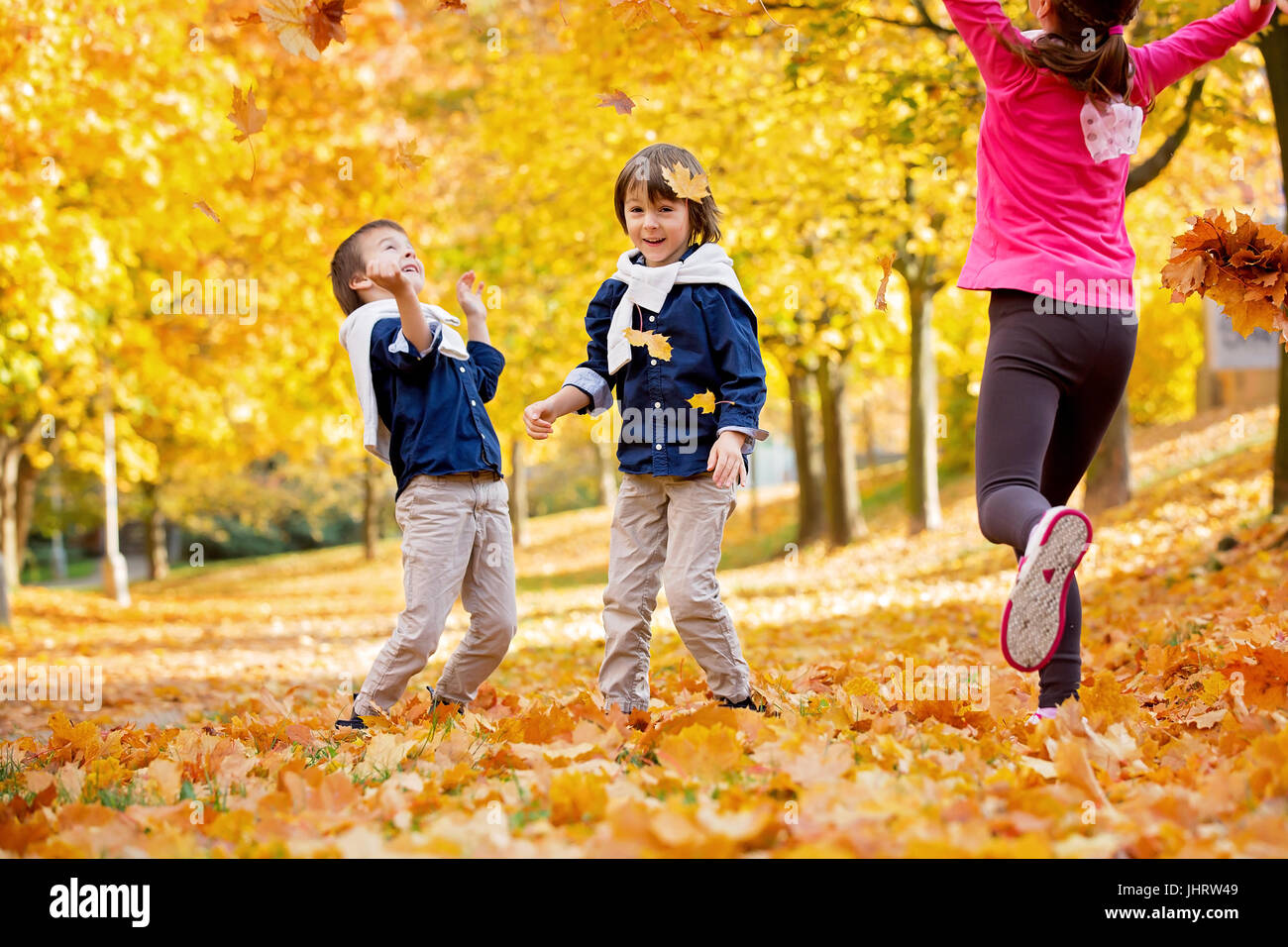 Happy children, boy brothers, playing in the park, throwing leaves