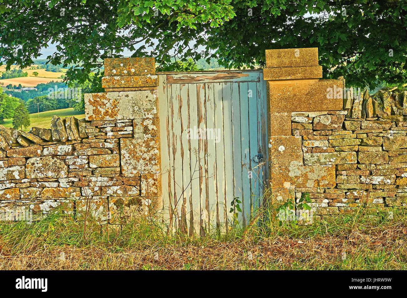 A wooden door in a Cotswold stone wall Stock Photo