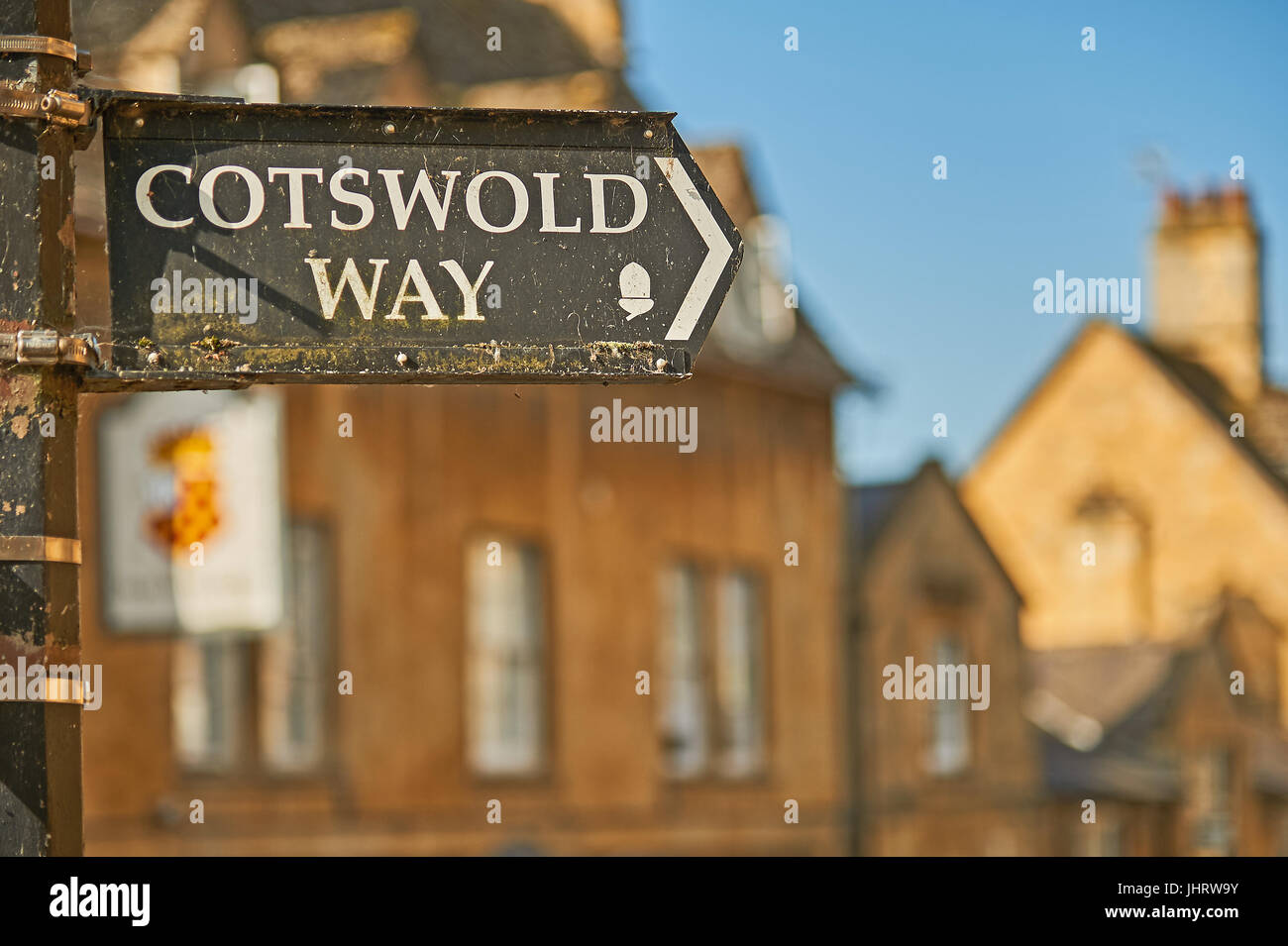 Cotswold Way footpath marker sign in the market town of Chipping Campden, northern end or start of the rural long distance footpath Stock Photo
