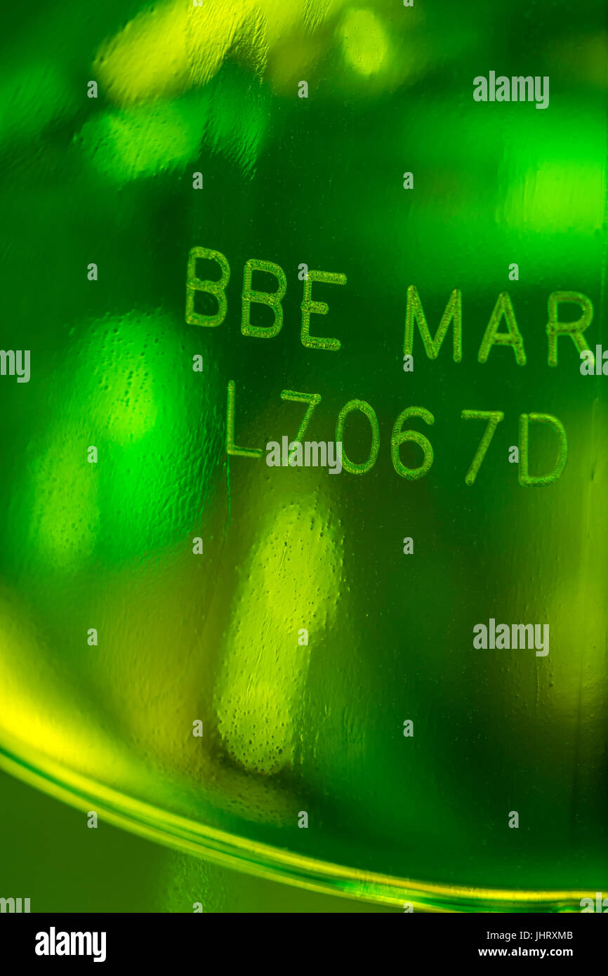 BBE / Best Before End date on neck of PTFE bottle - BBE is sometimes erroneously confused with 'expiry date' but relates to food quality not safety. Stock Photo