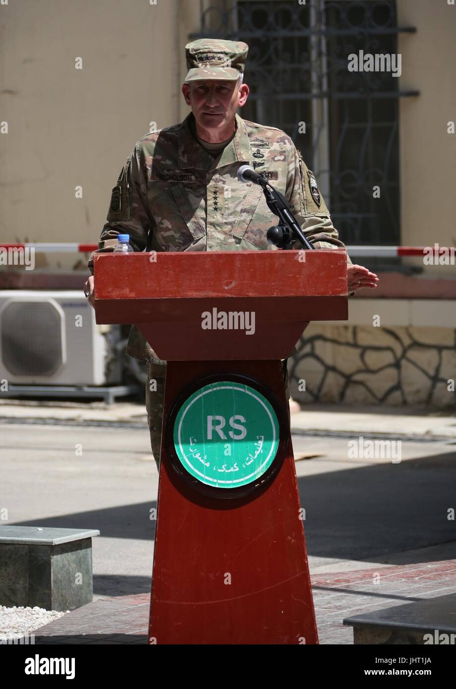 (170715) -- KABUL, July 15 (Xinhua) -- General John Nicholson, the U.S. and NATO commander in Afghanistan, speaks during change of command ceremony in Resolute Support headquarter in Kabul, Afghanistan, July 15, 2017. (Xinhua/Rahmat Alizadah)(rh) Stock Photo