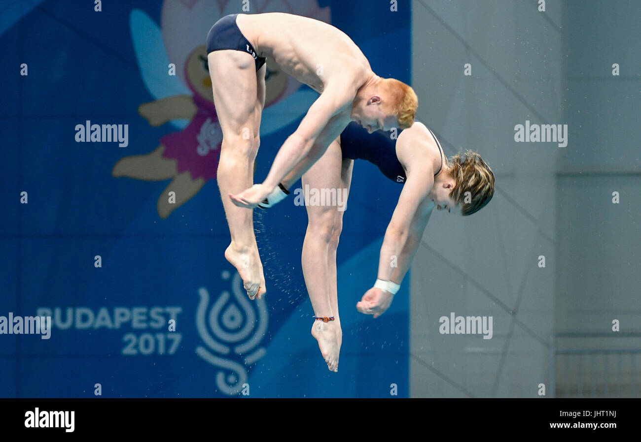 Budapest, Hungary. 15th July, 2017. US-American Tarrin Gilliland and Andrew Capobianco in action during the mixed finale synchonized 10 m platform at the World Aquatics Championships in Budapest, Hungary, 15 July 2017. Photo: Axel Heimken/dpa/Alamy Live News Stock Photo
