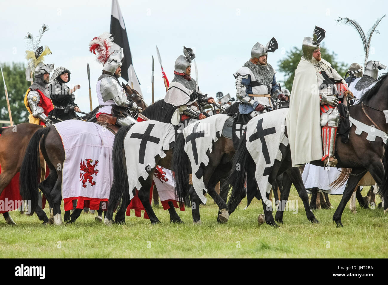 Grunwald, Poland. 15th July, 2017. Battle of Grunwald reenactment is seen on 15 July 2017 in Grunwald, Poland. The Battle of Grunwald, was fought on 15 July 1410 during the Polish–Lithuanian–Teutonic War. The alliance of the Kingdom of Poland and the Grand Duchy of Lithuania, led respectively by King Wladyslaw II Jagiello and Grand Duke Vytautas decisively defeated the German–Prussian Teutonic Knights, led by Grand Master Ulrich von Jungingen. Most of the Teutonic Knights' leadership were killed or taken prisoner. Credit: Michal Fludra/Alamy Live News Stock Photo