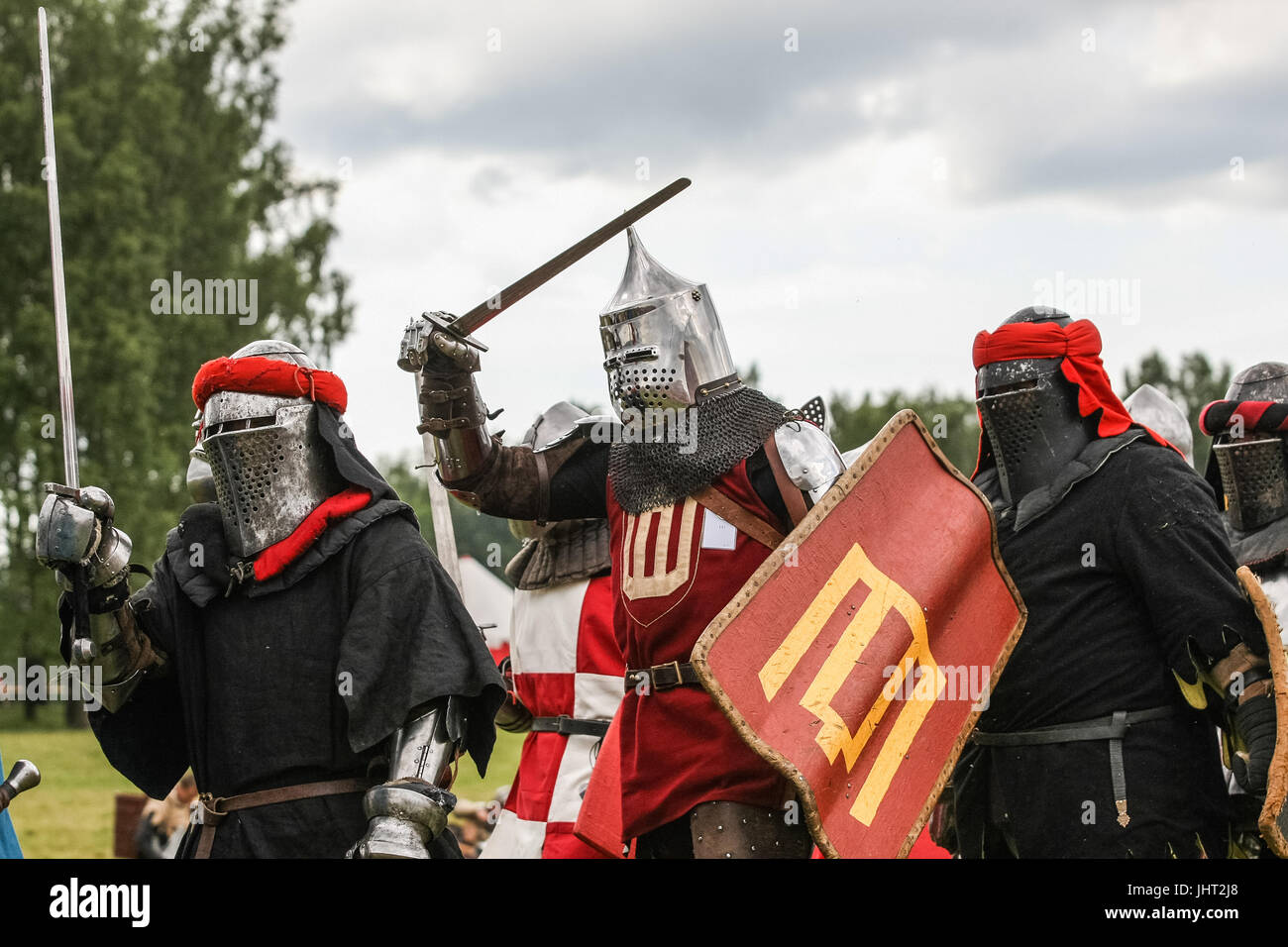 Grunwald, Poland. 15th July, 2017. Battle of Grunwald reenactment is seen on 15 July 2017 in Grunwald, Poland. The Battle of Grunwald, was fought on 15 July 1410 during the Polish–Lithuanian–Teutonic War. The alliance of the Kingdom of Poland and the Grand Duchy of Lithuania, led respectively by King Wladyslaw II Jagiello and Grand Duke Vytautas decisively defeated the German–Prussian Teutonic Knights, led by Grand Master Ulrich von Jungingen. Most of the Teutonic Knights' leadership were killed or taken prisoner. Credit: Michal Fludra/Alamy Live News Stock Photo