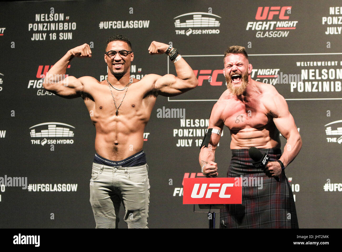 SSE Hydro, Glasgow, United Kingdom. 15 July 2017. Emil Meek and Kevin Lee pose for the press at UFC Glasgow -Weigh-In  Credit: Dan Cooke/ Alamy Live News Stock Photo