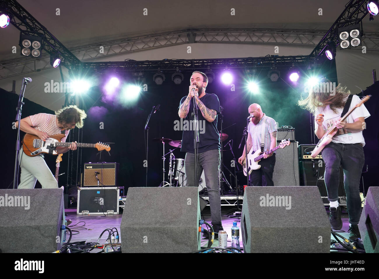 Suffolk, UK. 15th July, 2017. IDLES performing live on the Lake Stage at the 2017 Latitude festival in Henham Park, Southwold in Suffolk. Photo date: Saturday, July 15, 2017. Photo credit should read: Roger Garfield/Alamy Live News. Stock Photo