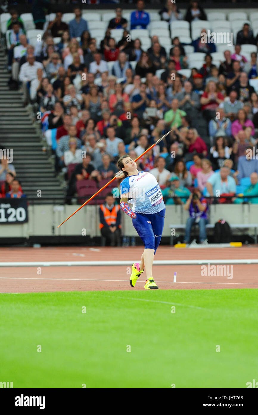 London, UK. 15th July, 2017. Hollie Arnold (GBR) throwing a javelin