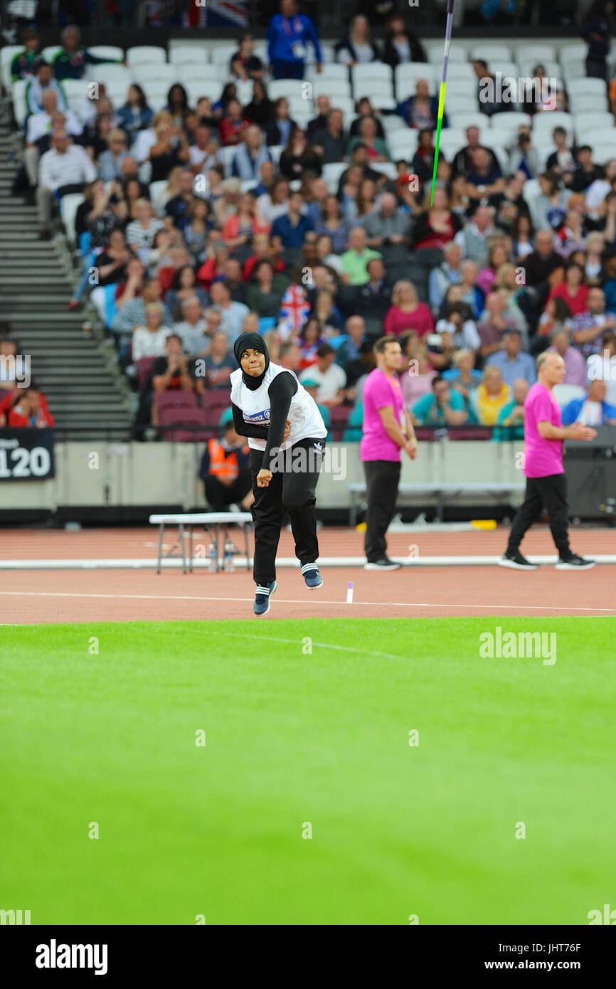 London, UK. 15th July, 2017. Mariam Al Matrooshi (UAE) throwing a