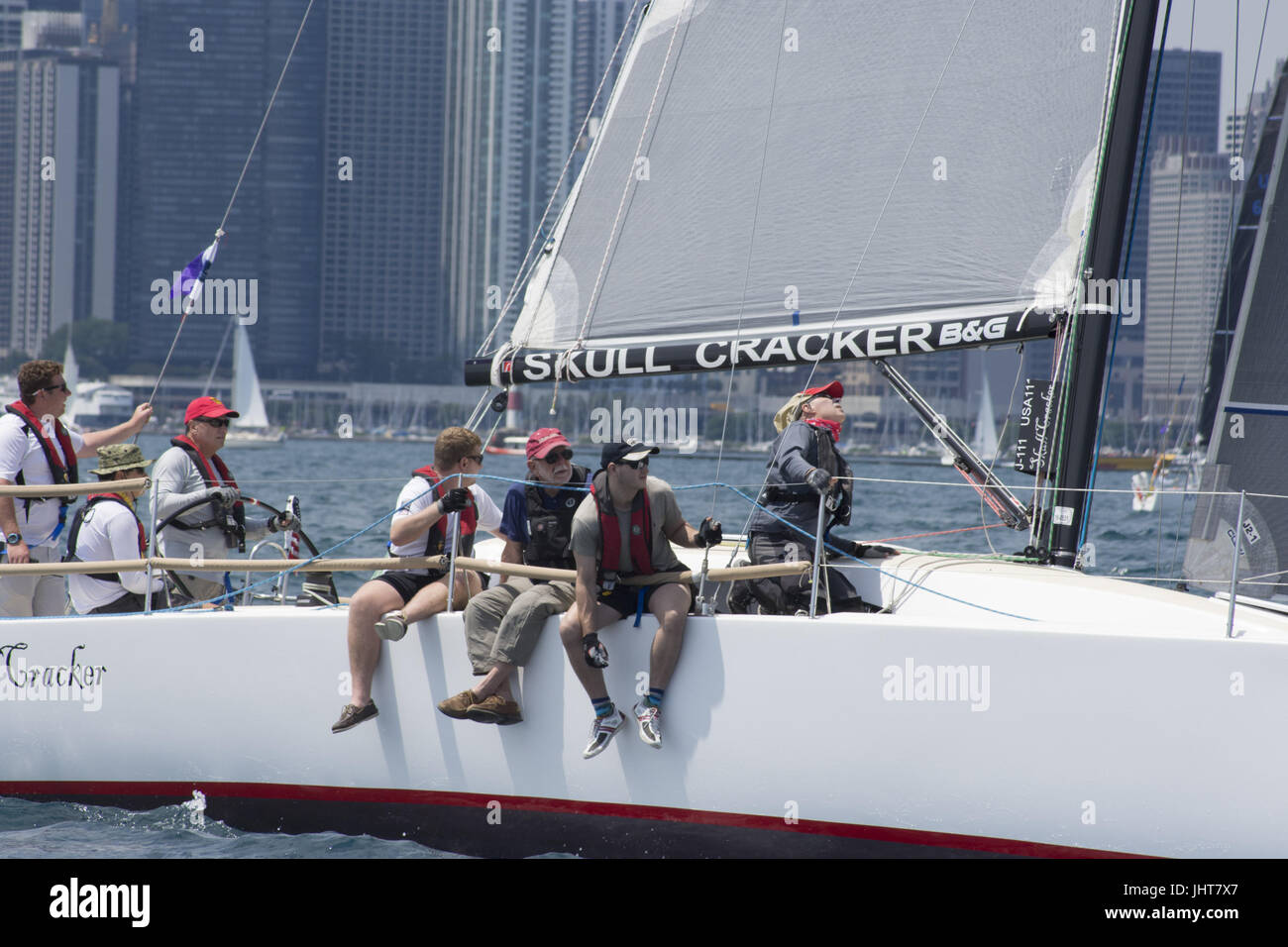 Chicago, IL, USA. 15th July, 2017. The boats are off in the Chicago Race to Mackinac. The ''cruising'' fleet of slower boats started their across-the-lake journey on Friday afternoon, July 14th. On Saturday, 19 fleets of boats began in waves every ten minutes. The largest and fastest boat were in the last two sections - turbo and multihull. The record-holder for time for a monohull occured in 2002 by Roy Disney's Pyewacket at 23 hours 30 minutes. Credit: Karen I.Hirsch/ZUMA Wire/Alamy Live News Stock Photo