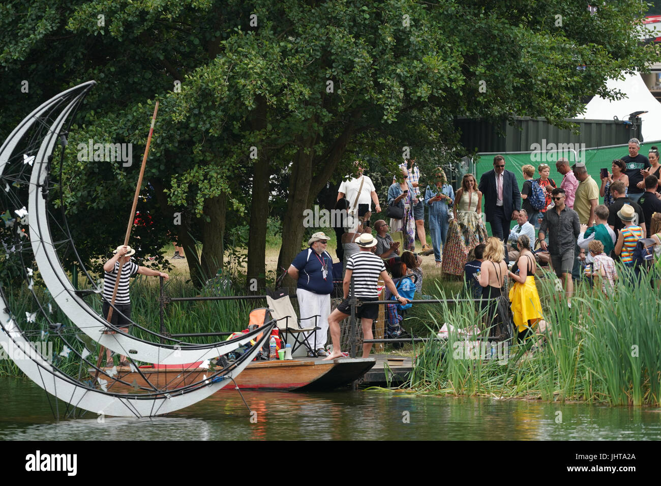 Latitude Festival, UK. 16th July, 2017. Katherine Jenkins arriving to get in a punt before performing on the stage by the lake on day 4 (Sunday) of the 2017 Latitude festival in Henham Park, Southwold in Suffolk. Photo date: Sunday, July 16, 2017. Photo credit should read: Roger Garfield/Alamy Live News. Stock Photo