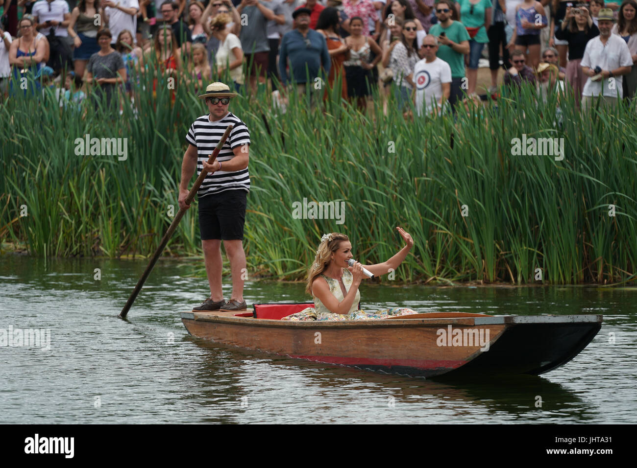 Latitude Festival, UK. 16th July, 2017. Katherine Jenkins singing in a punt before performing on the stage by the lake on day 4 (Sunday) of the 2017 Latitude festival in Henham Park, Southwold in Suffolk. Photo date: Sunday, July 16, 2017. Photo credit should read: Roger Garfield/Alamy Live News. Stock Photo