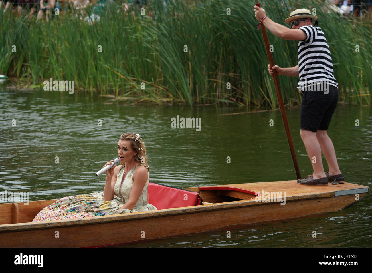 Latitude Festival, UK. 16th July, 2017. Katherine Jenkins singing in a punt before performing on the stage by the lake on day 4 (Sunday) of the 2017 Latitude festival in Henham Park, Southwold in Suffolk. Photo date: Sunday, July 16, 2017. Photo credit should read: Roger Garfield/Alamy Live News. Stock Photo