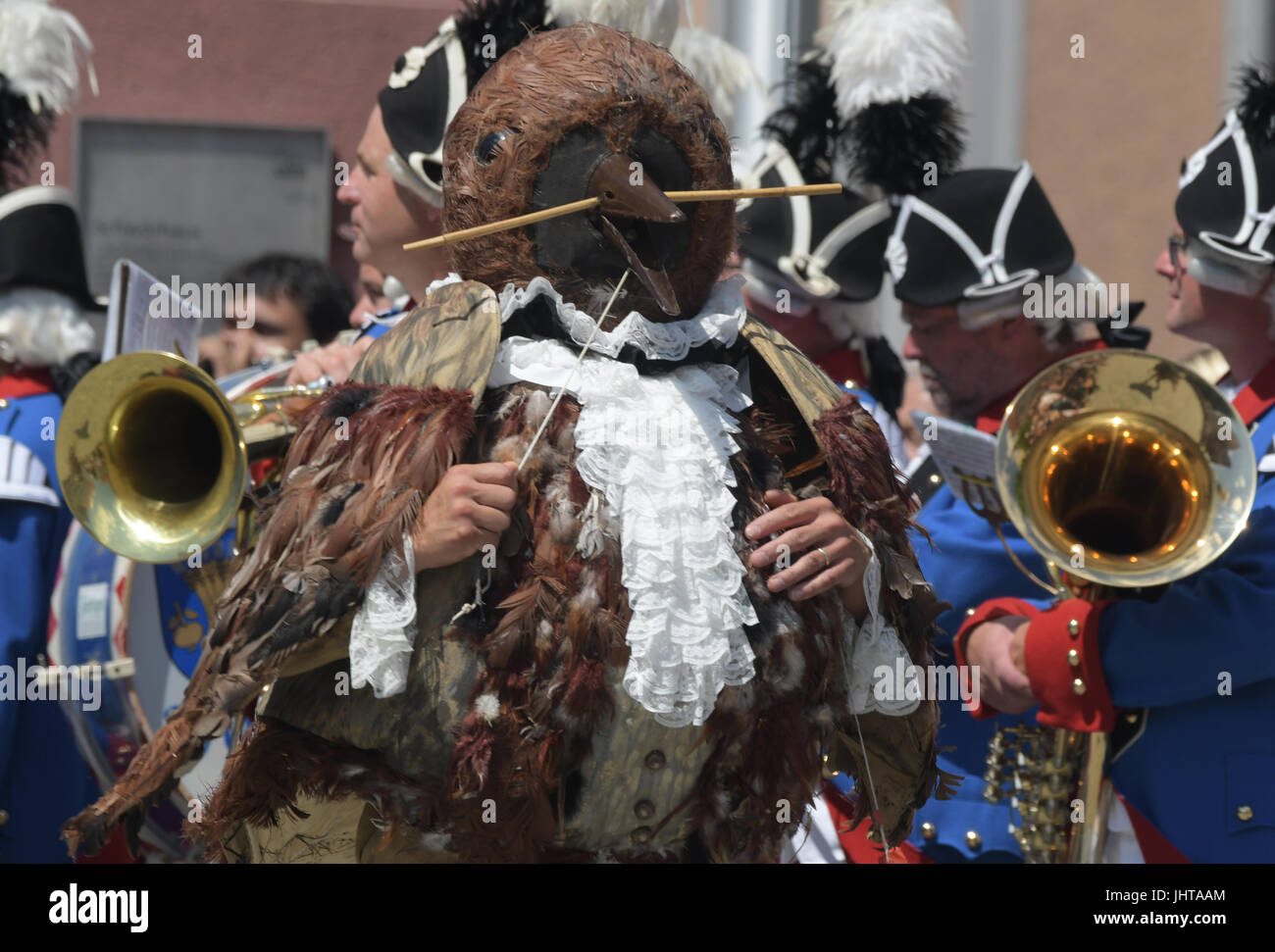 Ulm, Germany. 16th July, 2017. The Sparrow of Ulm can be seen during the Fisher's dance in Ulm, Germany, 16 July 2017. Every four years the water jousting festival takes place in Ulm - costumed participants try their best to tip each other into the Danube river with lances. Photo: Stefan Puchner/dpa/Alamy Live News Stock Photo