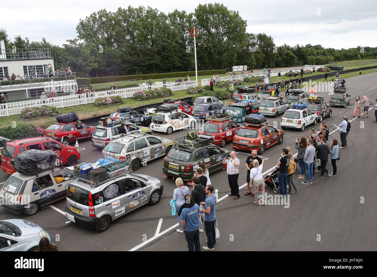 Goodwood, UK. 16th July 2017. Rally 2017: Adventurists prepare to leave the start line if the 2017 Mongol Rally. Participants cheap 1 litre cars from scrap yards and attempt to