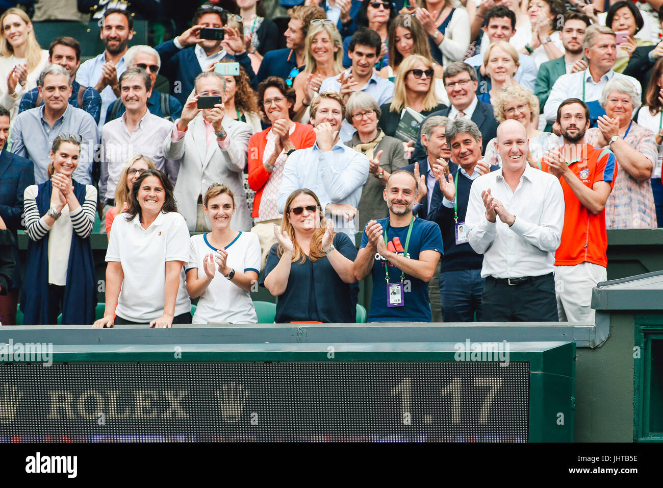 London, UK. 15th July, 2017. Conchita Martinez Tennis : Conchita Martinez, coach of Spain's Garbine Muguruza and her team applauds during the trophy ceremony after the Women's singles final match of the Wimbledon Lawn Tennis Championships against Venus Williams of the United States at the All England Lawn Tennis and Croquet Club in London, England . Credit: AFLO/Alamy Live News Stock Photo