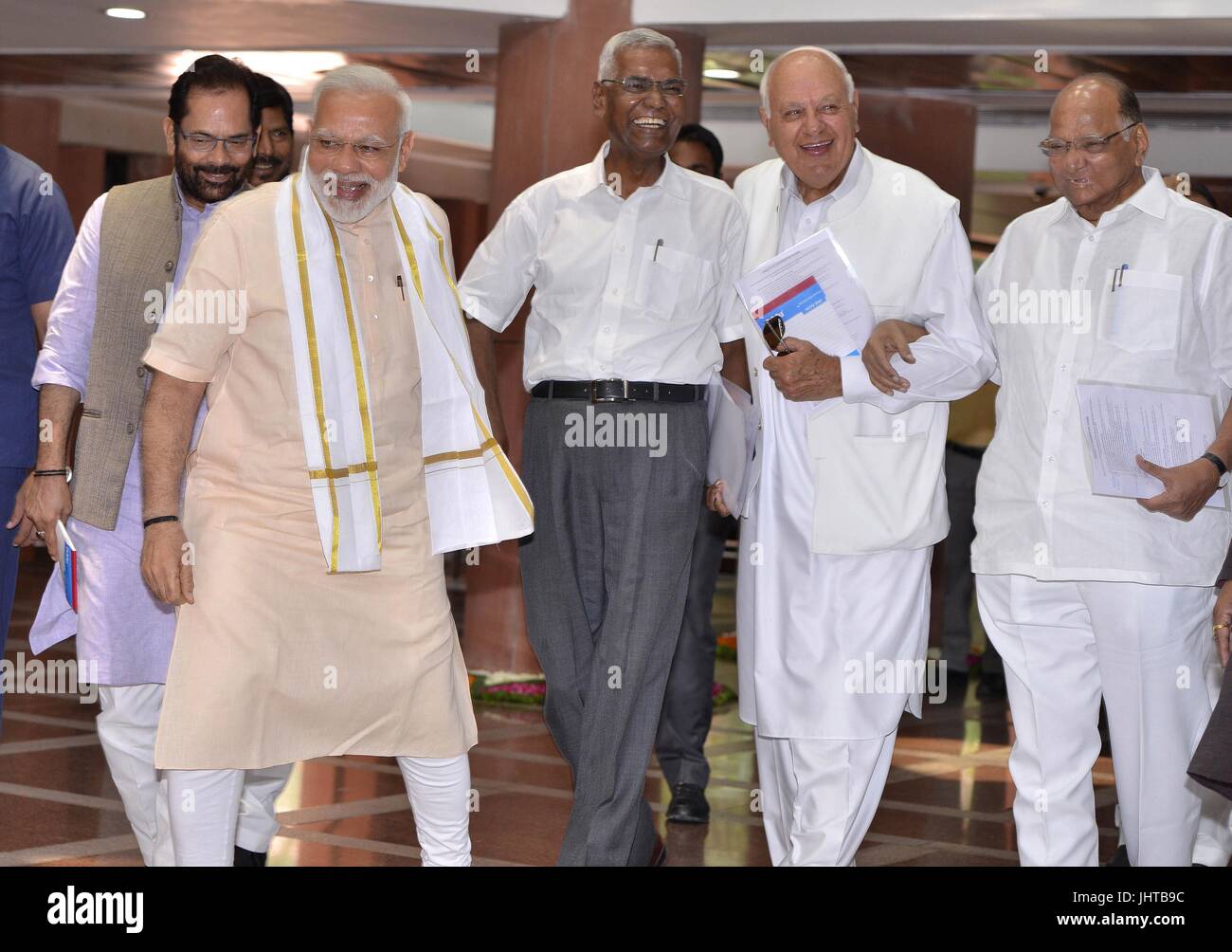 New Delhi, India. 16th July, 2017. Indian Prime Minister Narendra Modi (2nd L) attends a meeting with his cabinet colleagues at an all-party meeting ahead of monsoon session of Parliament in New Delhi, India, July 16, 2017. Credit: Partha Sarkar/Xinhua/Alamy Live News Stock Photo