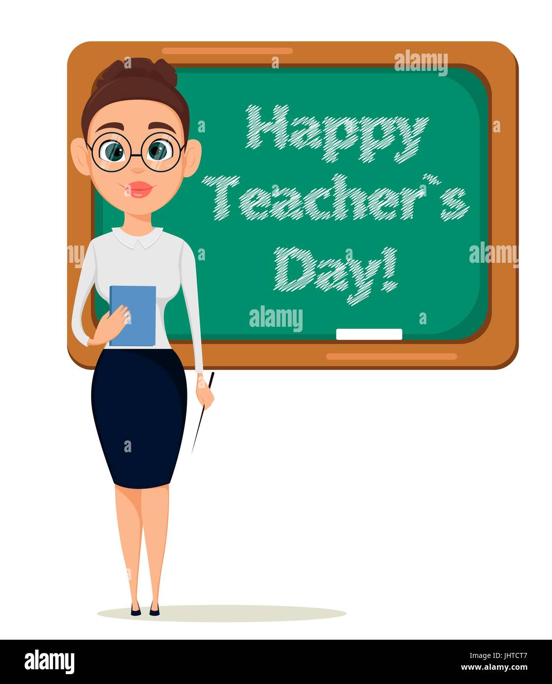 Happy Teacher's Day. Cute teacher with pointer and notebook stands at the  blackboard while lesson in classroom. - stock vector Stock Vector Image &  Art - Alamy